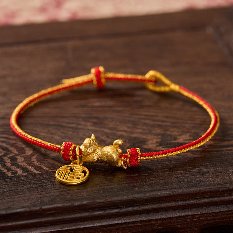 Buddha Stones Lying-Down Cat Fu Character Copper Red String Hand-Woven Prosperity Bracelet - image 2