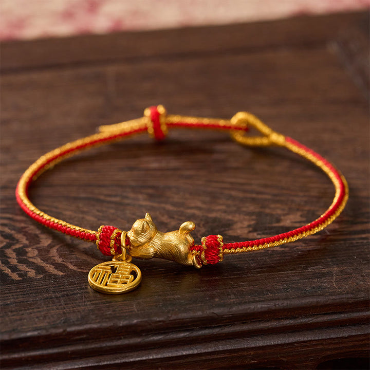 Buddha Stones Lying-Down Cat Fu Character Copper Red String Hand-Woven Prosperity Bracelet - image 2
