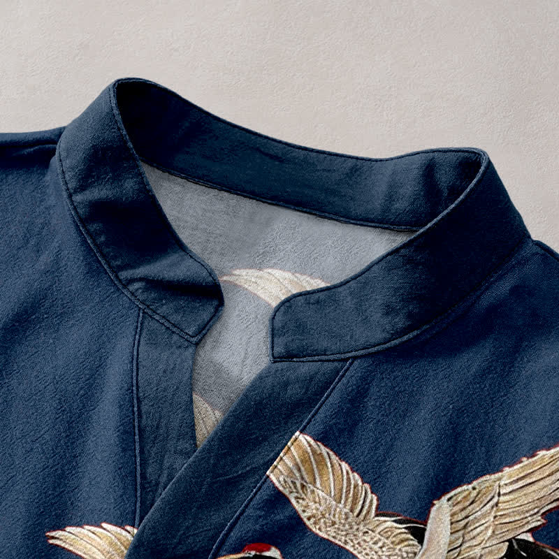 Buddha Stones Cotton Crane Golden Lotus Pattern Men's Short Sleeve Half Button Shirt - image 2