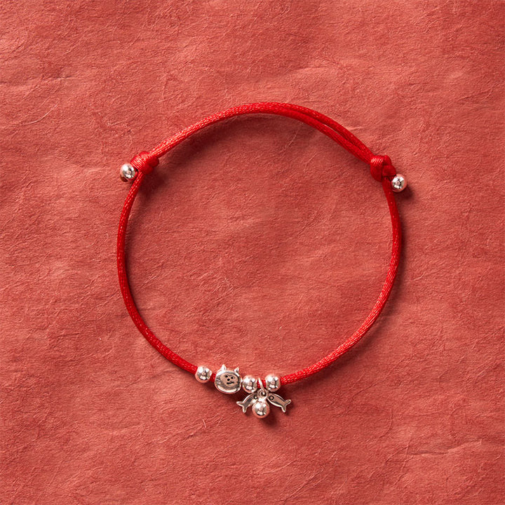 Buddha Stones 925 Sterling Silver Cute Cat Fish Red String Blessing Bracelet - image 3