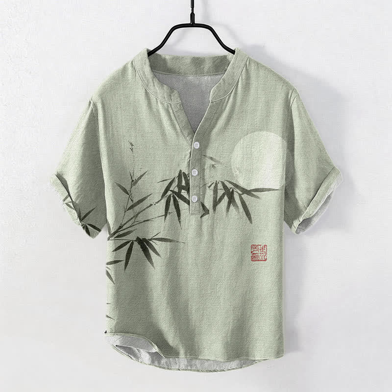 Buddha Stones Cotton Ink Bamboo Moon Pattern Men's Short Sleeve Half Button Shirt - LightGreen - US/UK/AU50，EU60 (5XL) - image 0