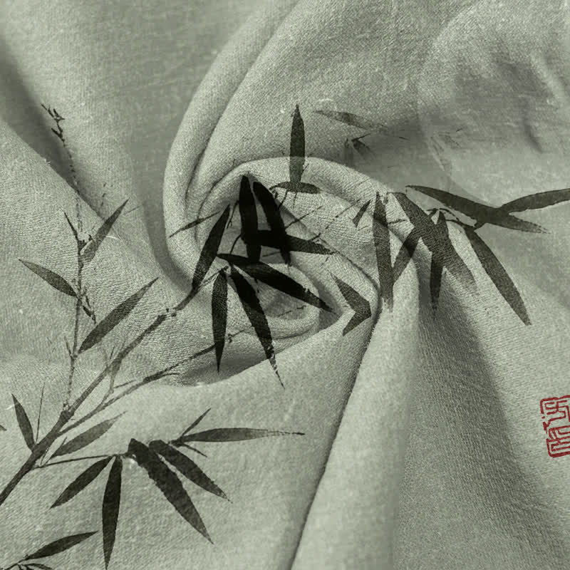 Buddha Stones Cotton Ink Bamboo Moon Pattern Men's Short Sleeve Half Button Shirt - image 2