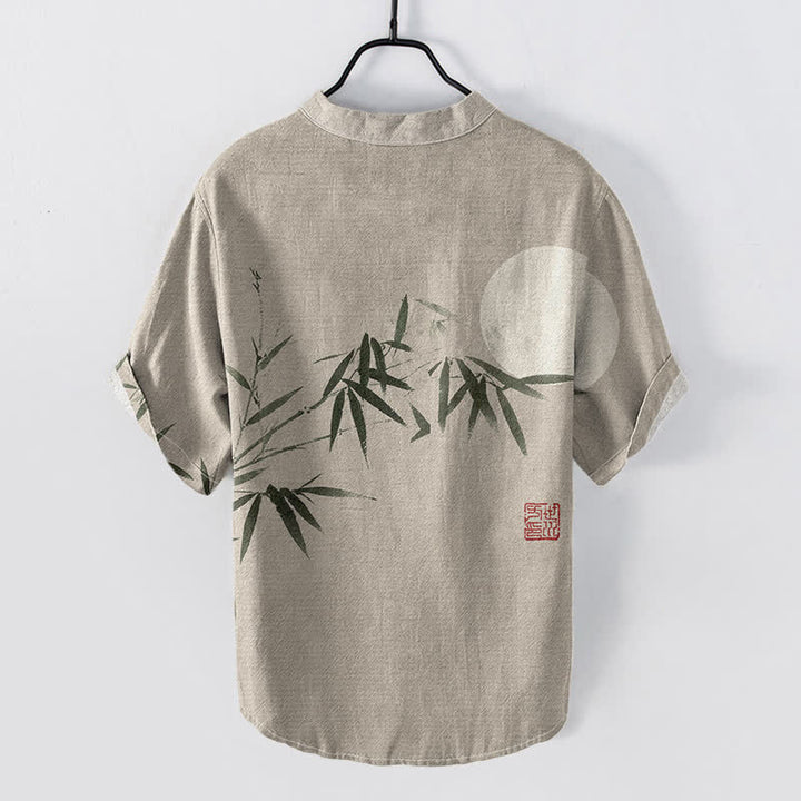 Buddha Stones Cotton Ink Bamboo Moon Pattern Men's Short Sleeve Half Button Shirt - image 6