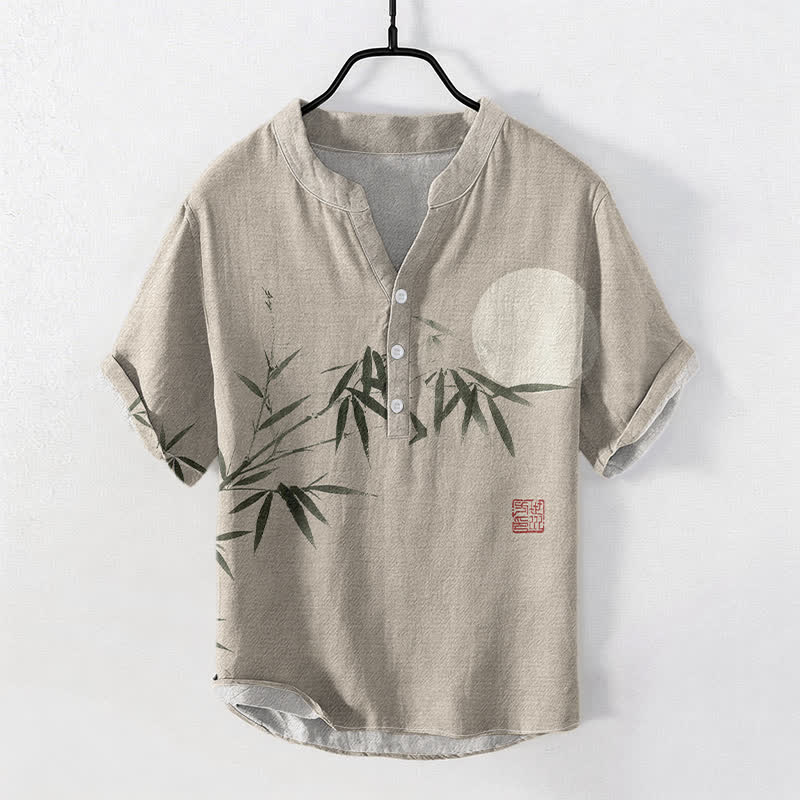 Buddha Stones Cotton Ink Bamboo Moon Pattern Men's Short Sleeve Half Button Shirt - Beige - US/UK/AU50，EU60 (5XL) - image 5