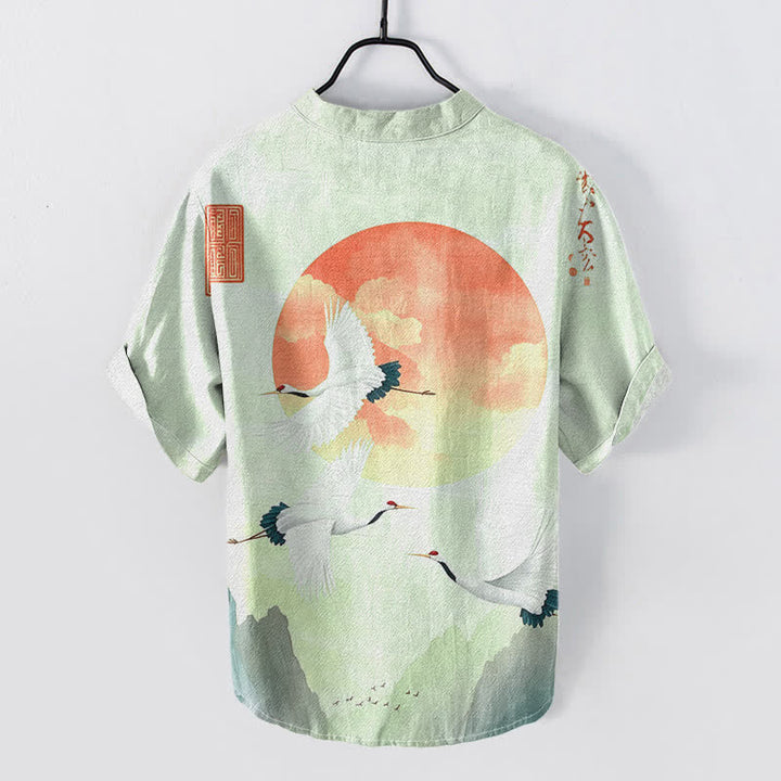 Buddha Stones Cotton Red Sun Flying Crane Pattern Men's Short Sleeve Half Button Shirt - image 7