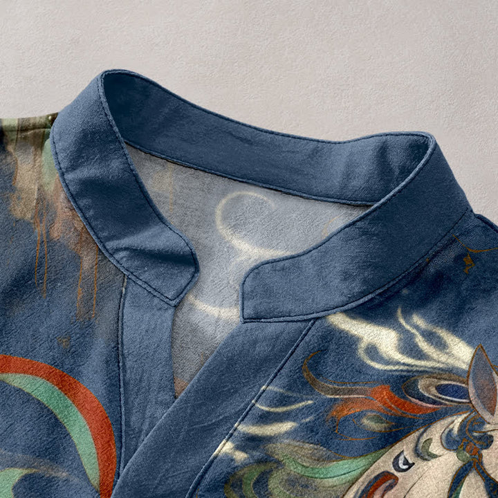 Buddha Stones Cotton Ornamental Running Horse Pattern Men's Short Sleeve Half Button Shirt - image 2