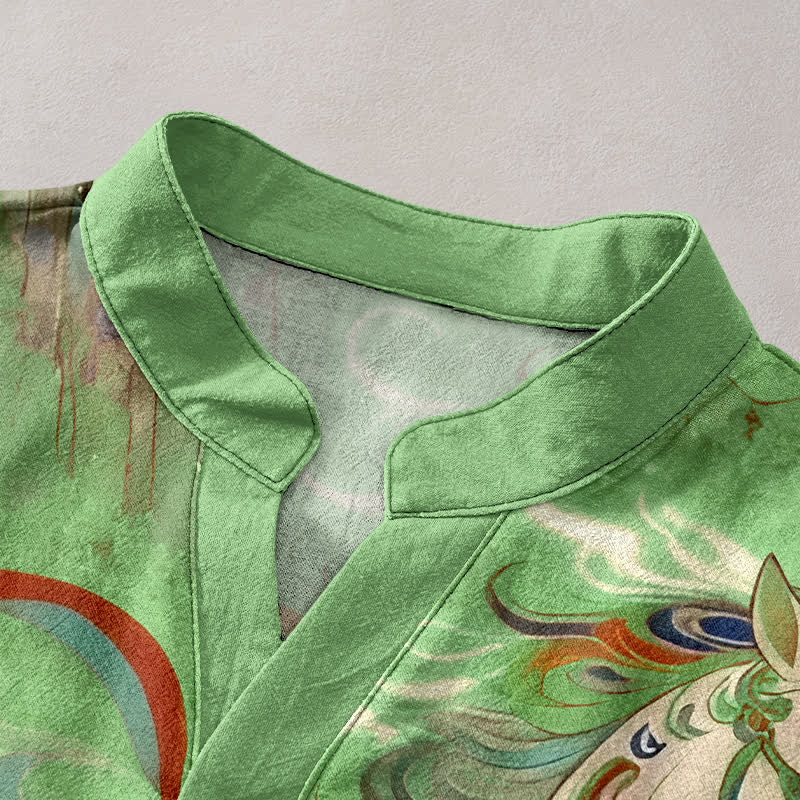 Buddha Stones Cotton Ornamental Running Horse Pattern Men's Short Sleeve Half Button Shirt - image 12