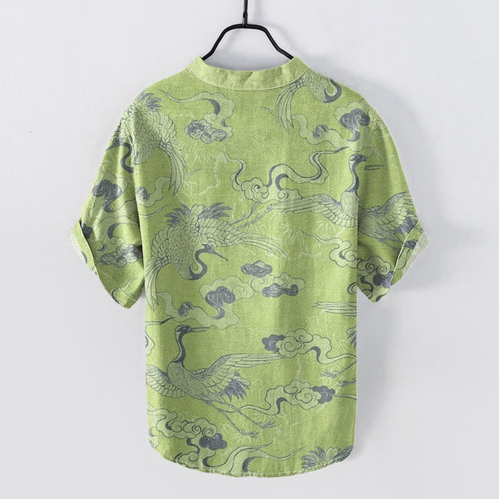 Buddha Stones Cotton Crane Clouds Pattern Men's Short Sleeve Half Button Shirt - image 7