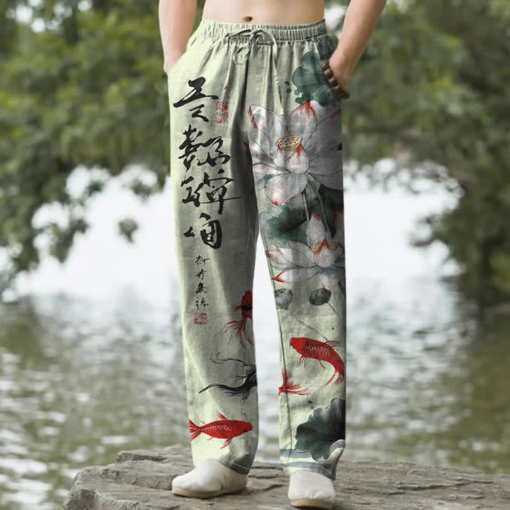 Buddha Stones Cotton Lotus Koi Fish Ink Wash Pattern Men's Tapered Pants With Pockets - LightGreen - US/UK/AU50，EU60 (5XL) - image 6