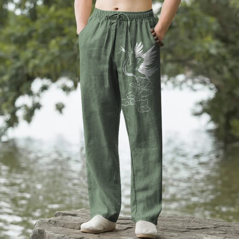 Buddha Stones Cotton White Crane Wave Pattern Men's Tapered Pants With Pockets - ForestGreen - US/UK/AU50，EU60 (5XL) - image 4