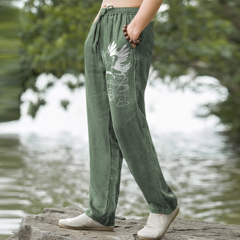 Buddha Stones Cotton White Crane Wave Pattern Men's Tapered Pants With Pockets - image 5