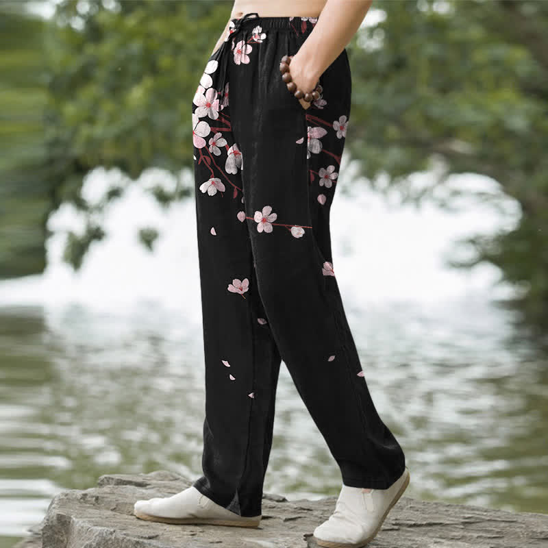 Buddha Stones Cotton Pink Sakura Blossom Pattern Men's Tapered Pants With Pockets - image 1