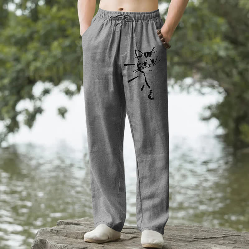 Buddha Stones Cotton Black Cat Sketch Pattern Men's Tapered Pants With Pockets - Gray - US/UK/AU50，EU60 (5XL) - image 0