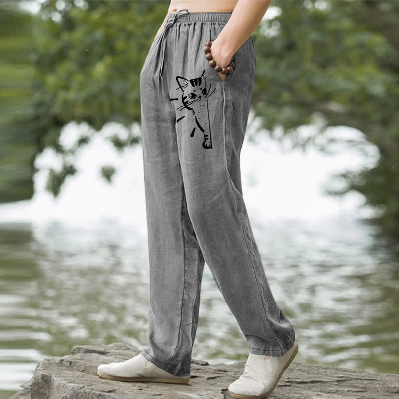Buddha Stones Cotton Black Cat Sketch Pattern Men's Tapered Pants With Pockets - image 1