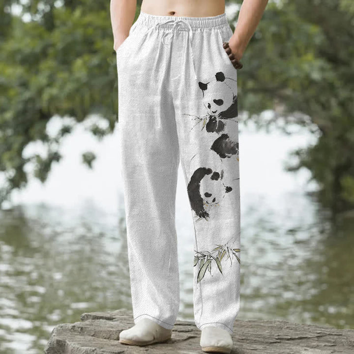 Buddha Stones Cotton Ink Panda Bamboo Pattern Men's Tapered Pants With Pockets - White - US/UK/AU50，EU60 (5XL) - image 0