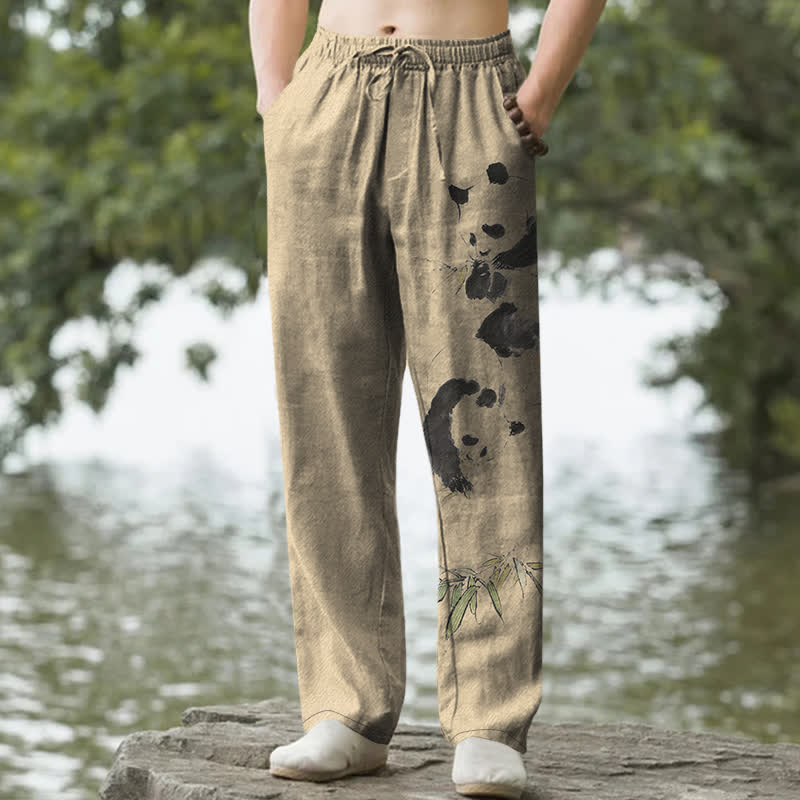 Buddha Stones Cotton Ink Panda Bamboo Pattern Men's Tapered Pants With Pockets - Tan - US/UK/AU50，EU60 (5XL) - image 6
