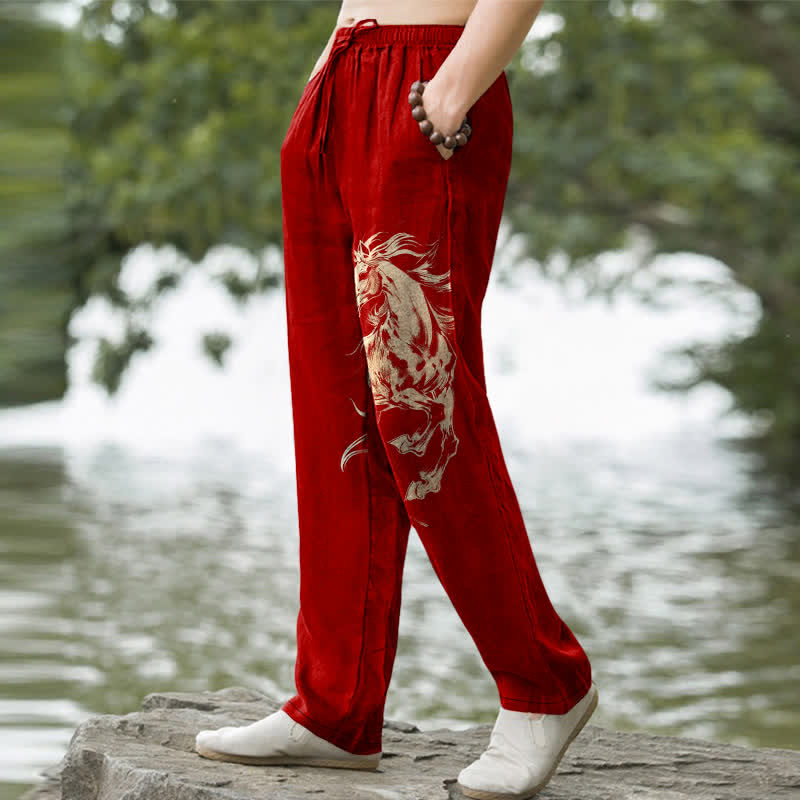 Buddha Stones Cotton Golden Running Horse Pattern Men's Tapered Pants With Pockets - image 7