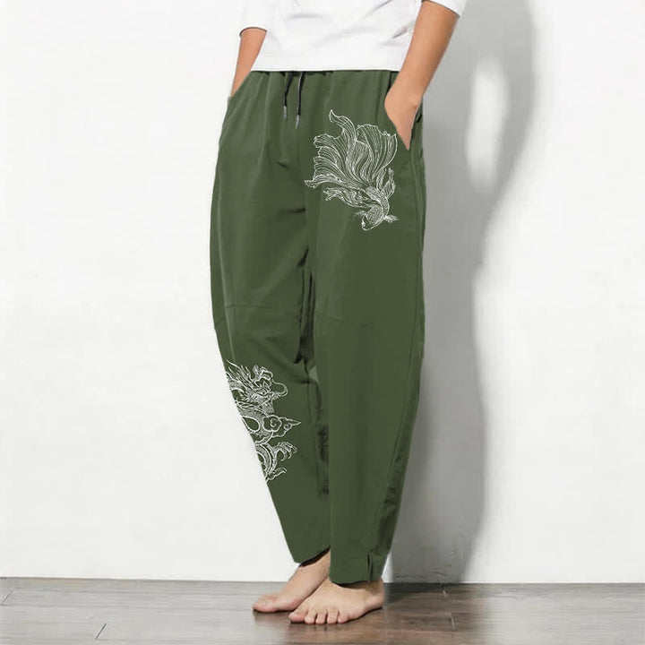 Buddha Stones Pure Cotton Koi Dragon Pattern Drawstring Men's Tapered Pants With Pockets - image 12