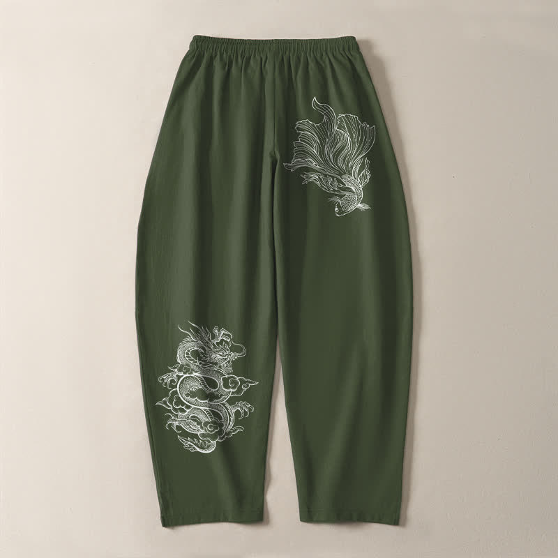 Buddha Stones Pure Cotton Koi Dragon Pattern Drawstring Men's Tapered Pants With Pockets - image 14
