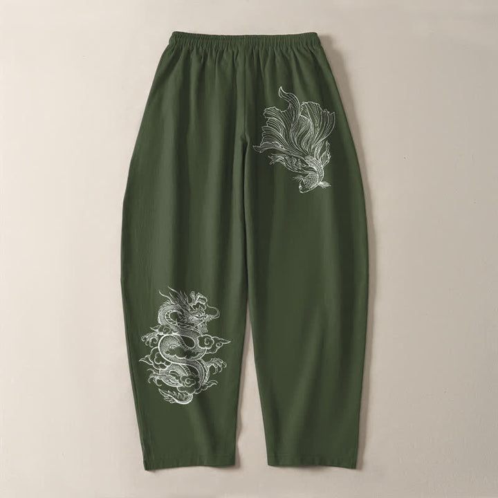 Buddha Stones Pure Cotton Koi Dragon Pattern Drawstring Men's Tapered Pants With Pockets - image 14