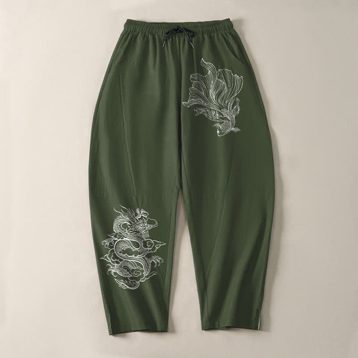 Buddha Stones Pure Cotton Koi Dragon Pattern Drawstring Men's Tapered Pants With Pockets - image 13