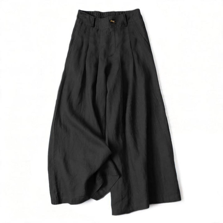 Buddha Stones Summer Elegant Solid Elastic Waist Button Zipper Design Cotton Linen Long Pants Women's Wide Leg Pants With Pockets - Black - US16，UK/AU20，EU48 (3XL) - image 10