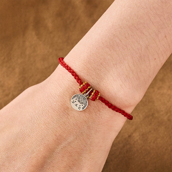 Buddha Stones 925 Sterling Silver Kitten Eating Fish Round Pendant Prosperity Red Black String Braided Bracelet - image 12
