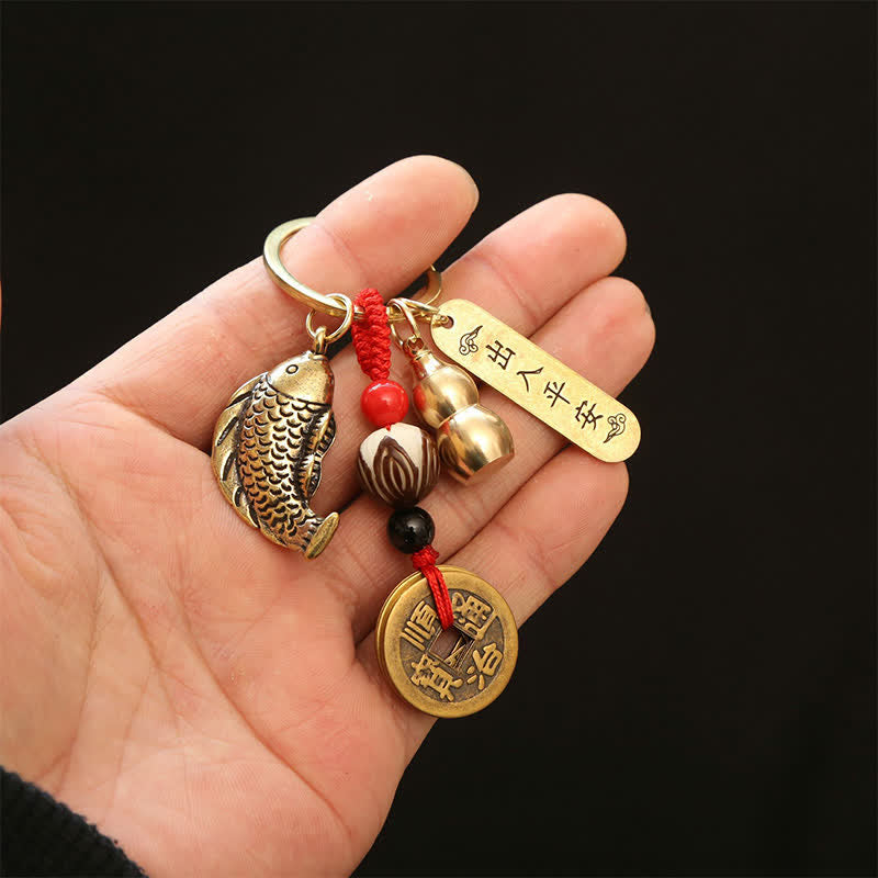 Buddha Stones Brass Koi Fish Gourd Five Emperor Coins Wealth Braided Keychains - image 12