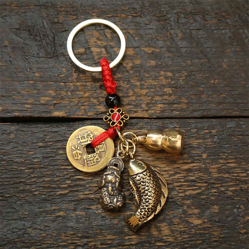Buddha Stones Brass Koi Fish Gourd Five Emperor Coins Wealth Braided Keychains - Red String Coins Pi Xiu Gourd - image 3