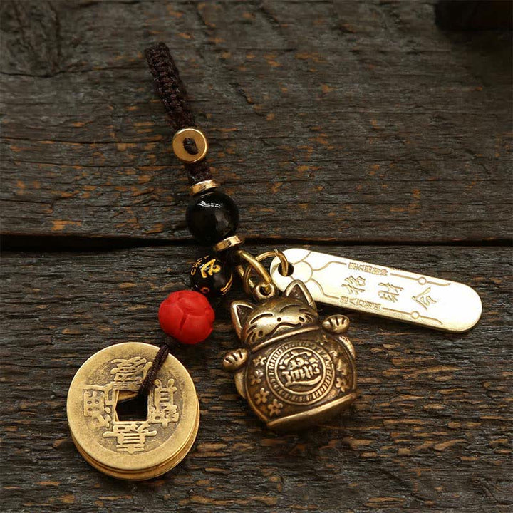 Buddha Stones Brass Lucky Cat Chinese Coin Wealth Keychains - Black Red Bead Coins - image 3
