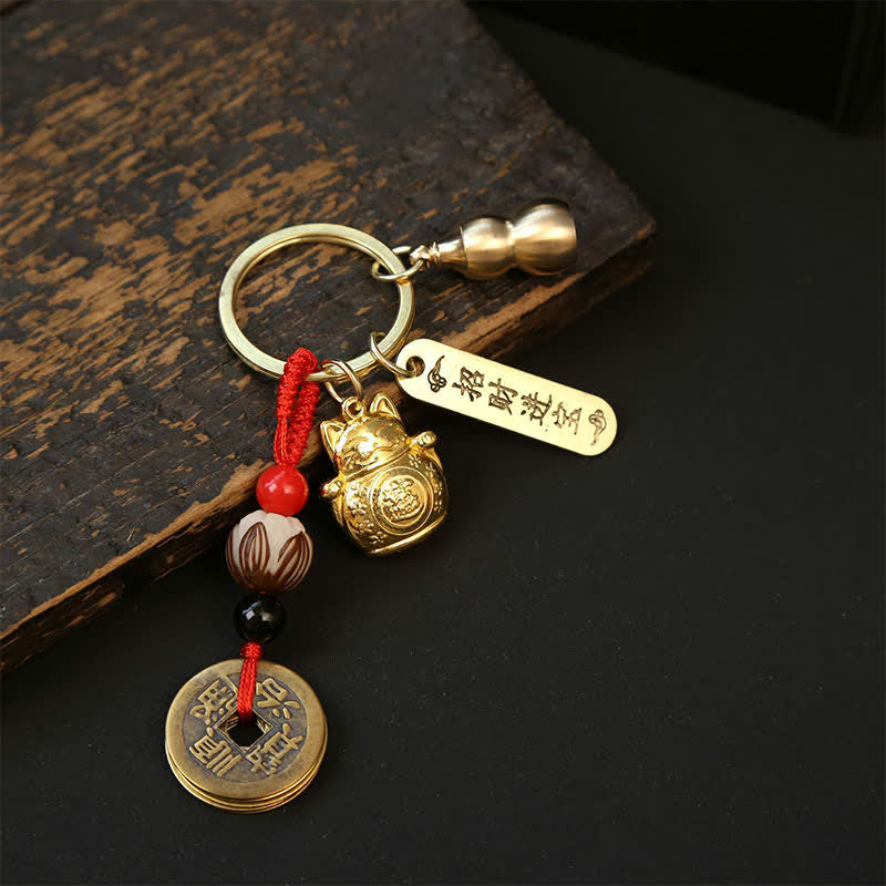 Buddha Stones Copper Lucky Cat Chinese Coin Gourd Pi Xiu Braided Keychains - Bodhi Seed Gourd Coins - image 10