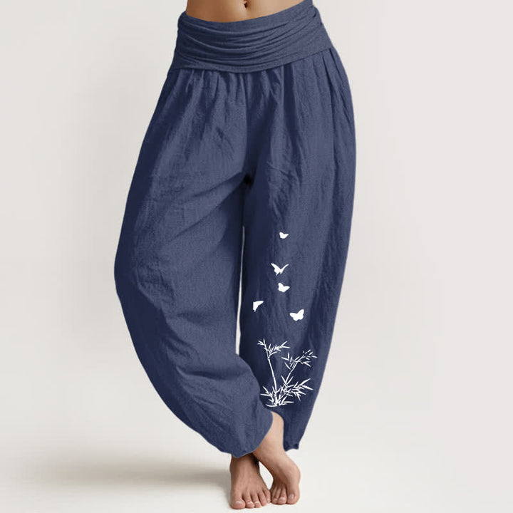 Buddha Stones Pure Cotton Butterfly Bamboo Leaf Pattern Women's Elastic Waist Harem Pants - DarkSlateBlue - US16，UK/AU20，EU48 (3XL) - image 0