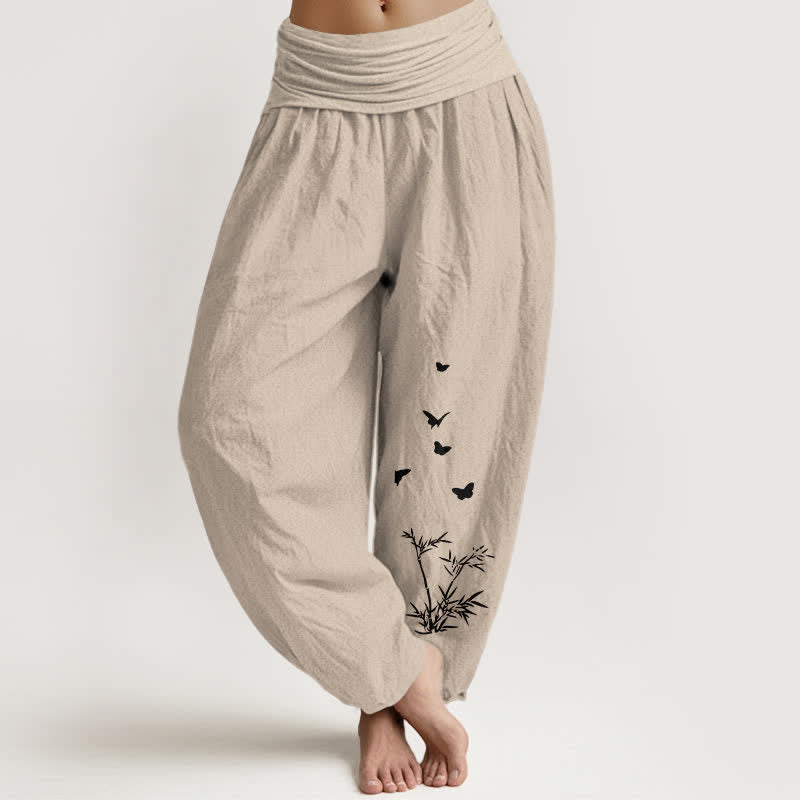 Buddha Stones Pure Cotton Butterfly Bamboo Leaf Pattern Women's Elastic Waist Harem Pants - Tan - US16，UK/AU20，EU48 (3XL) - image 14