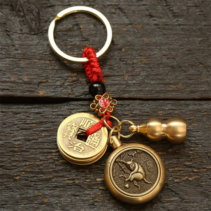 Buddha Stones Copper Chinese Zodiac Five Emperor Coins Red String Wealth Keychains - Monkey - image 16