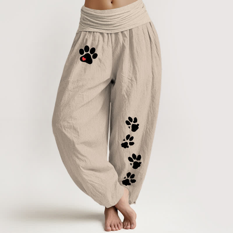 Buddha Stones Pure Cotton White Paw Print Pattern Women's Elastic Waist Harem Pants - Tan - US16，UK/AU20，EU48 (3XL) - image 14