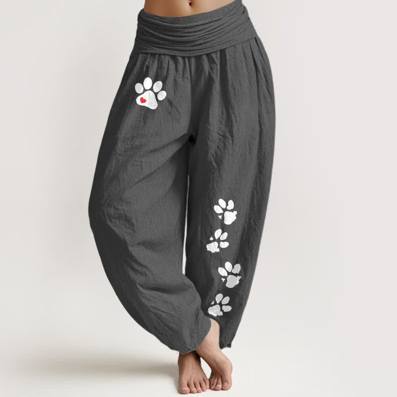Buddha Stones Pure Cotton White Paw Print Pattern Women's Elastic Waist Harem Pants - DimGray - US16，UK/AU20，EU48 (3XL) - image 5