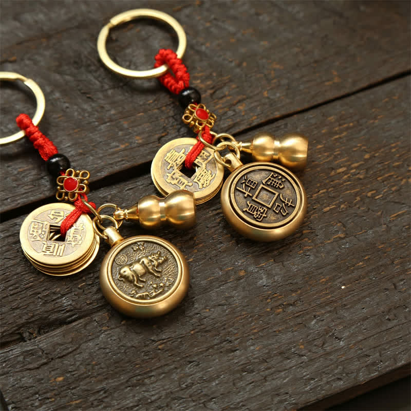 Buddha Stones Copper Chinese Zodiac Five Emperor Coins Red String Wealth Keychains - image 24