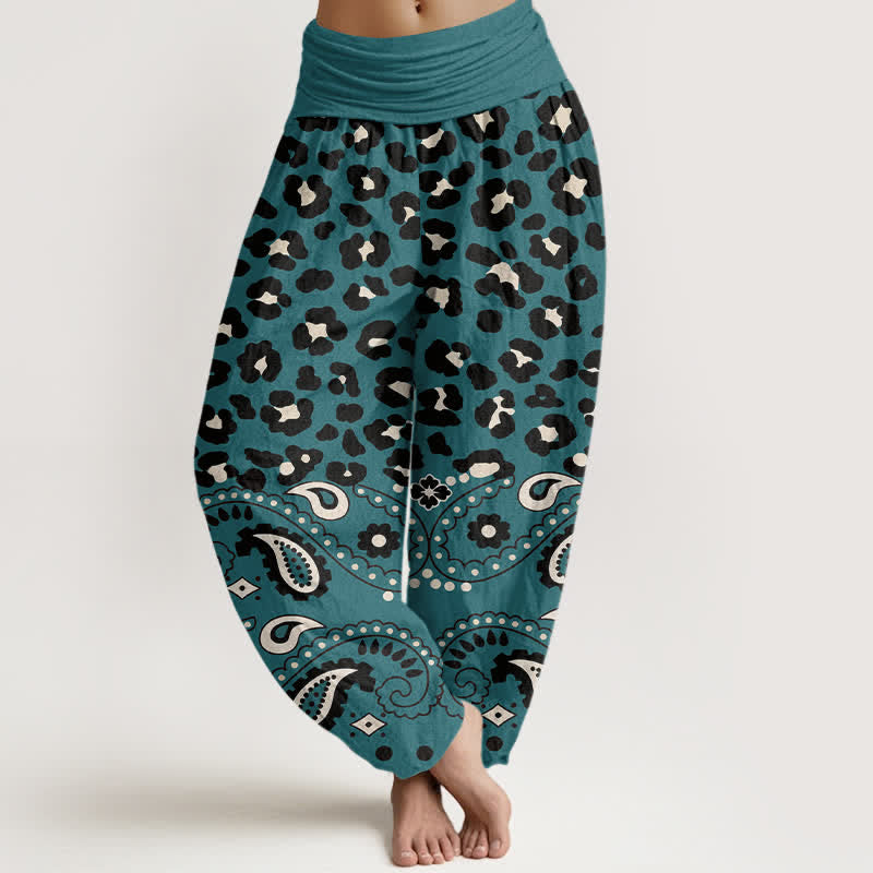 Buddha Stones Cotton Olive Leopard Paisley Pattern Women's Elastic Waist Harem Pants - Teal - US16，UK/AU20，EU48 (3XL) - image 5