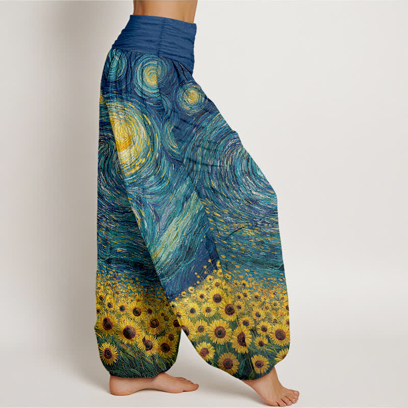 Buddha Stones Cotton Starry Night Sunflower Pattern Women's Elastic Waist Harem Pants - image 1
