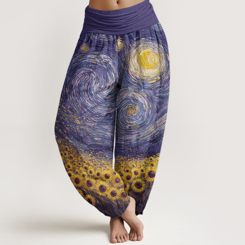 Buddha Stones Cotton Starry Night Sunflower Pattern Women's Elastic Waist Harem Pants - BlueViolet - US16，UK/AU20，EU48 (3XL) - image 8