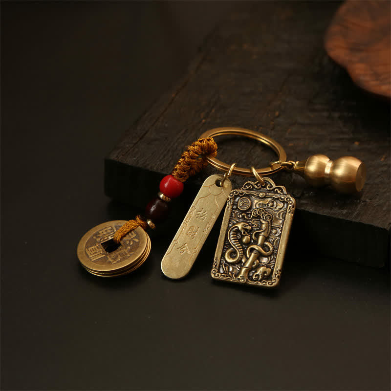 Buddha Stones Copper Chinese Zodiac Five Emperor Coins Gourd Protection Keychains - image 12