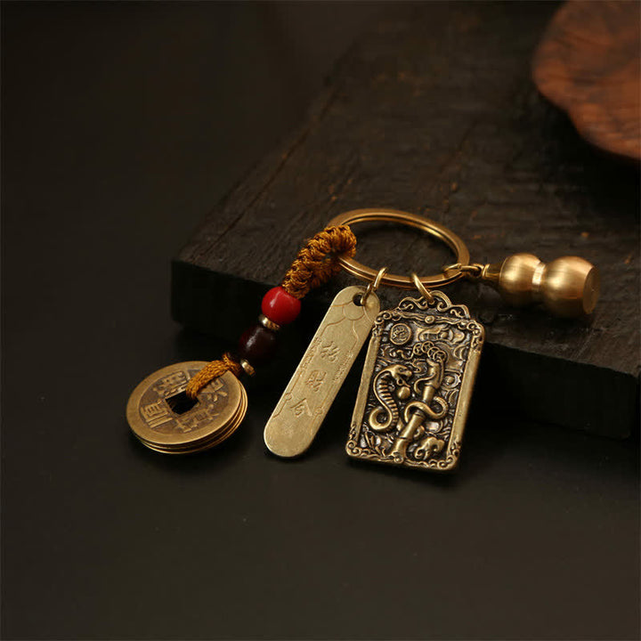Buddha Stones Copper Chinese Zodiac Five Emperor Coins Gourd Protection Keychains - image 12
