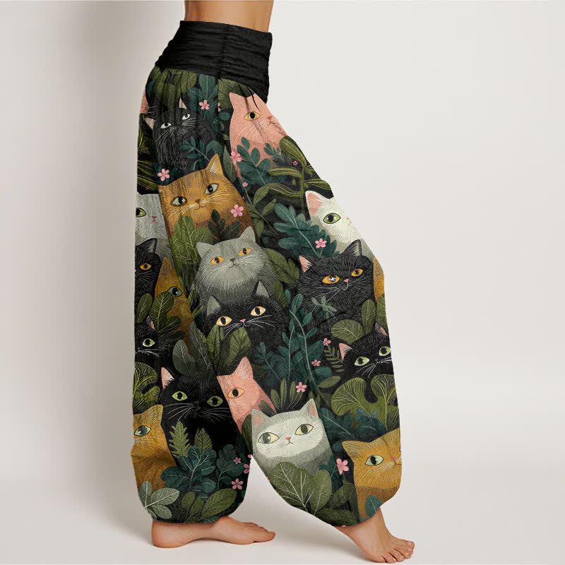 Buddha Stones Cotton Cartoon Cat Leaf Pattern Women's Elastic Waist Harem Pants - image 1