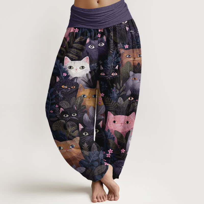 Buddha Stones Cotton Cartoon Cat Leaf Pattern Women's Elastic Waist Harem Pants - BlueViolet - US16，UK/AU20，EU48 (3XL) - image 8