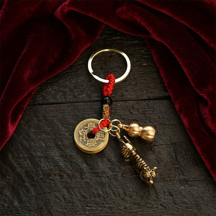 Buddha Stones Copper Chinese Zodiac Five Emperor Coins Gourd Wealth Keychains - Tiger - image 3