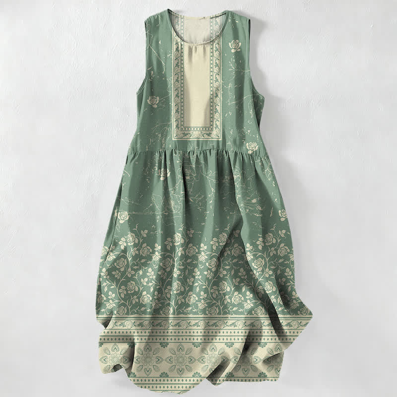 Buddha Stones Summer Casual Vintage Floral Border Pattern Women's Summer Sleeveless Midi Dress With Pockets - SeaGreen - US16，UK/AU20，EU48 (3XL) - image 5