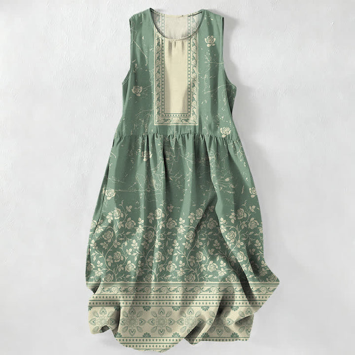 Buddha Stones Summer Casual Vintage Floral Border Pattern Women's Summer Sleeveless Midi Dress With Pockets - SeaGreen - US16，UK/AU20，EU48 (3XL) - image 5