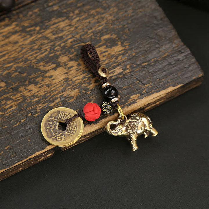 Buddha Stones Brass Elephant Five Emperor Coins Gourd Pi Xiu Wisdom Keychains - Red Bead Coins - image 9