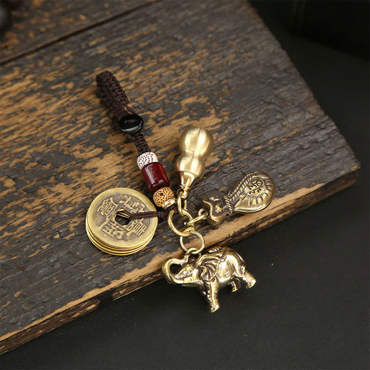 Buddha Stones Brass Elephant Five Emperor Coins Gourd Pi Xiu Wisdom Keychains - Coins Money Bag Gourd - image 1