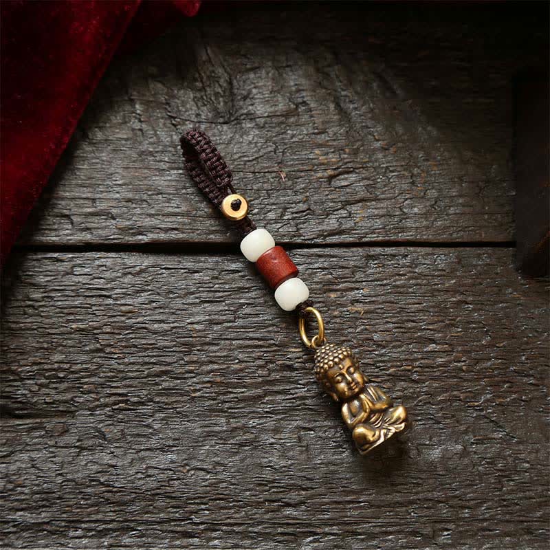 Buddha Stones Brass Buddha Five Emperor Coins Braided Cord Compassion Keychains - White Bead Cord - image 1